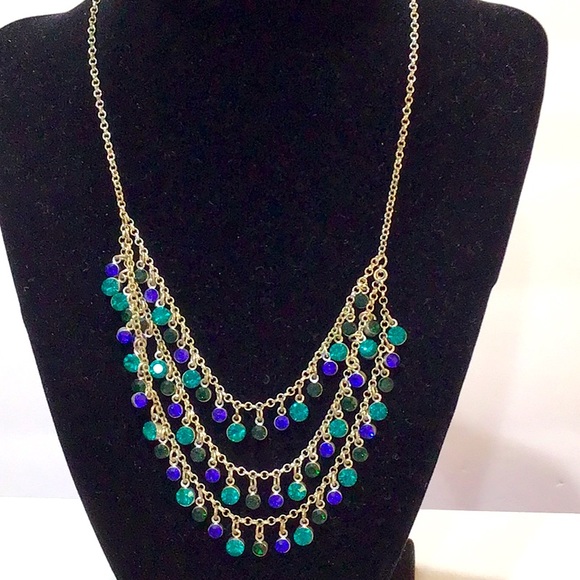 Bib necklace triple row Blue & Green crystals! - Picture 2 of 3